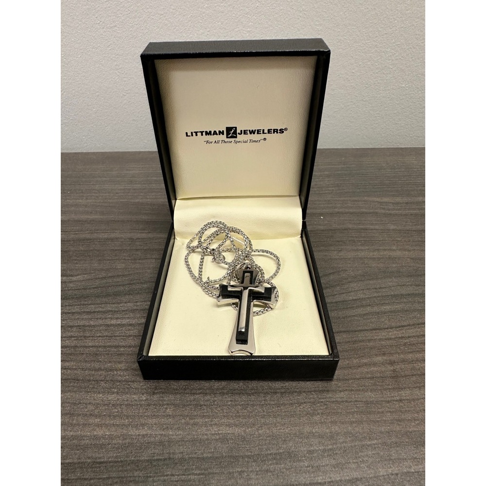 Littman Jewelers Mens Cross Pendant Necklace Silver Tone Box Chain 24 Inch